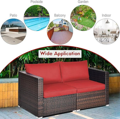 Tangkula 2 Seat Outdoor Wicker Loveseat Sofa Set, Modular PE Rattan 2 Pieces Outdoor Wicker Corner Sofa, Outside Furniture Set for Deck, Backyard, Porch, Garden & Poolside, Red