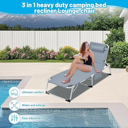 3-in-1 Oversized Sun Tanning Chair with Mat & Face Hole, Heavy Duty Folding Chaise Lounge - 5-Position Adjustable Outdoor Chair for Beach, Pool, Patio, Lawn, Yard - Includes Pillow (Grey)