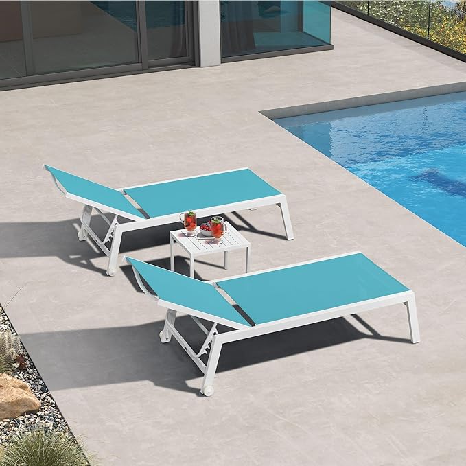 PURPLE LEAF Patio Lounge Chair 2 Pieces White Aluminum Outdoor Chaise Lounge for Pool Backyard Beach with Wheels and Table, Turquoise