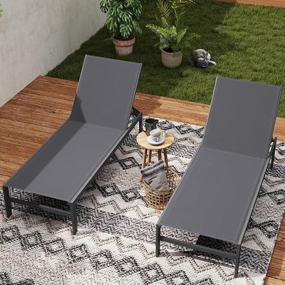 HAPPYGRILL Aluminum Chaise Lounge Chair, Heavy-Duty Patio Recliner W/ 6-Level Backrest & Breathable Fabric, Outdoor Lightweight Reclining Lounge Chair for Backyard, Poolside, Porch (1, Grey)
