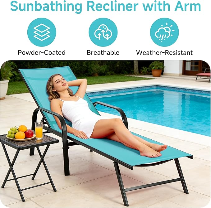 DUMOS 5-Position Foldable Chaise Lounge Chair with Armrests, Sturdy Metal Frame Outdoor Sun Recliner for Patio, Backyard, Poolside, Cyan