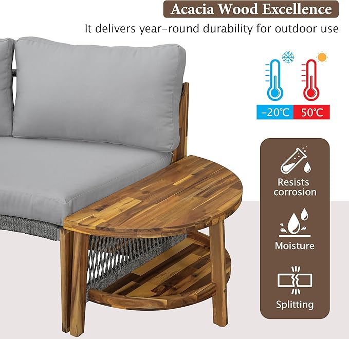 Quarte Outdoor Acacia Wood Round Sofa Set, Sectional Sets with Coffee Table, 6-Person Seating Group for Garden - Photo 7
