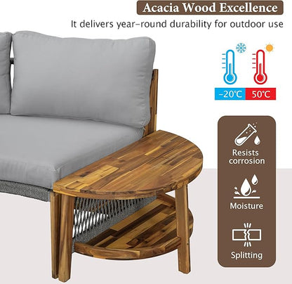 Quarte Outdoor Acacia Wood Round Sofa Set, Sectional Sets with Coffee Table,6-Person Seating Group for Garden, Deck (Gray/Half-Moon*A)