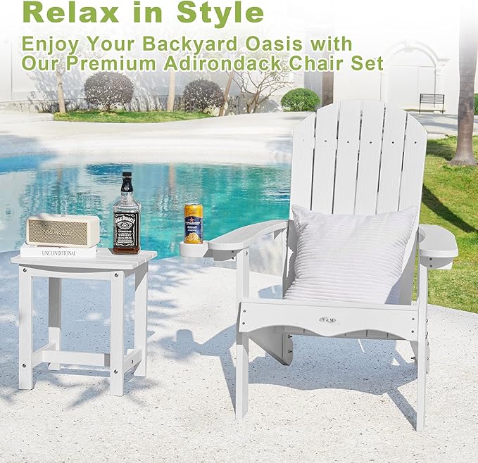 Y&M Adirondack Chair Set of 4, White Fire Pit Chairs, Outdoor Patio Chairs with Cup Holder, Weather Resistant HDPE Wooden Textured Patio Chairs, Perfect for Garden, Lawn, Deck, or Poolside