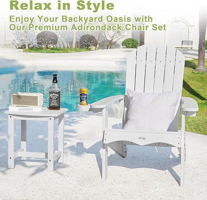Y&M Adirondack Chair Set of 4, White Fire Pit Chairs, Outdoor Patio Chairs with Cup Holder, Weather Resistant HDPE Wooden Textured Patio Chairs, Perfect for Garden, Lawn, Deck, or Poolside
