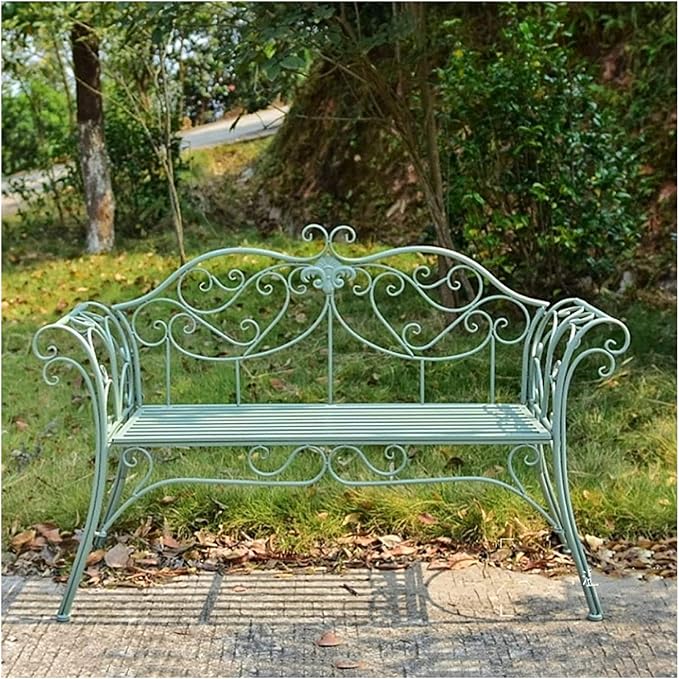 Park Bench Patio Garden Bench Backyard Benches, Metal Garden Bench, Country Wrought Iron Double Chair Bench, Villa Garden Courtyard Decor, Park Outdoor Bench with Backrest (Color : Green)