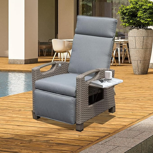Domi Outdoor Recliner Chair, Patio Recliner with Hand-Woven Wicker, Flip Table Push Back, Adjustable Angle, Thickness Cushions, Reclining Lounge Chair for Indoor & Outdoor Use, Grey