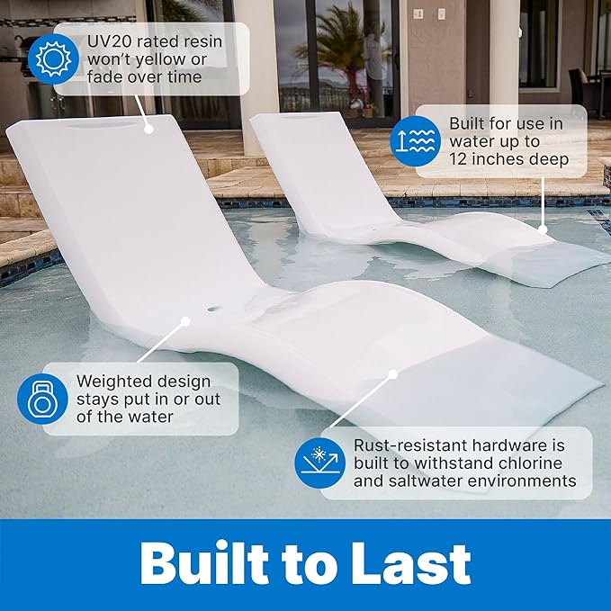 Step2 Vero Pool Lounger 2 Pack, Outdoor/Indoor Waterproof Patio Furniture, Pool Lounge Chairs, Use in Pools Up to 12 Inches of Water or Poolside Ledge, Made of Durable Plastic, Weighted, White