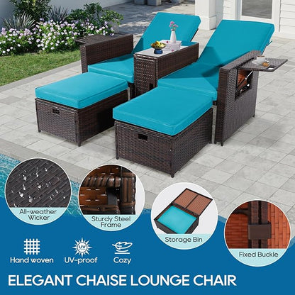 5PCS Outdoor Wicker Chaise Lounge Chair - Rattan Adjustable Reclining Patio Lounge Chair with Ottoman and Coffee Table, for Patio Beach Pool Backyard (Brown Wicker Turquoise Cushion)