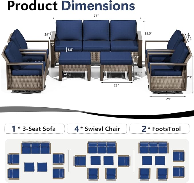 Outdoor Patio Furniture Set, 7 Piece Wicker Patio Conversation with Deep Seating, Thicken Cushions - Photo 2