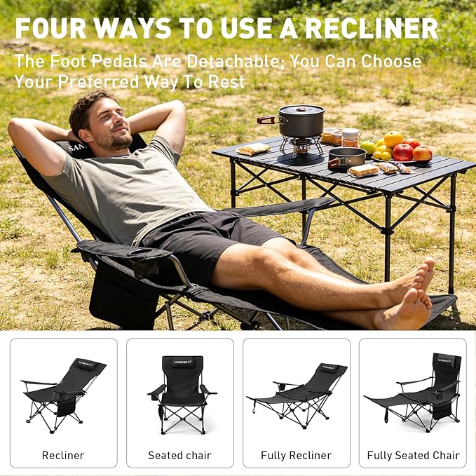Zero Gravity Chair, Reclining Camping Chair with Padded Pillow, Cup Holder, Storage Pocket & Carry Bag, 4-in-1 Portable Camping Recliner for Outdoor, Beach, Garden, and Backyard - Black