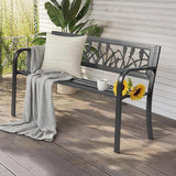 49" Outdoor Garden Bench, Patio Metal Frame Park Bench with Tulip Pattern Backrest for Porch, Lawn, Deck - Photo 2