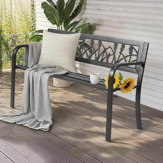 49" Garden Bench,Outdoor Benches,Iron Steel Frame Patio Bench with Tulip Pattern and Backrest Armrests for Lawn Yard Porch Work Entryway