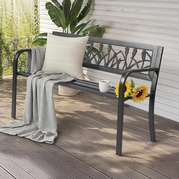 49in Patio Park Benches,PVC Tulip Backrest Iron Bench,Outdoor Garden Leisure Benches,Weatherproof Metal Park Bench,with Back and Armrests,for Outside Lawn Deck Patio Backyard Entryway (Black)
