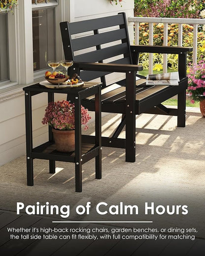 GREENVINES Tall-Outdoor-Side-Table | 23.5" | HDPE Plastic | Patio Adirondack End Tables | All Weather | 2-Tier | Black | for Porch Garden Indoor & Rocking Chairs