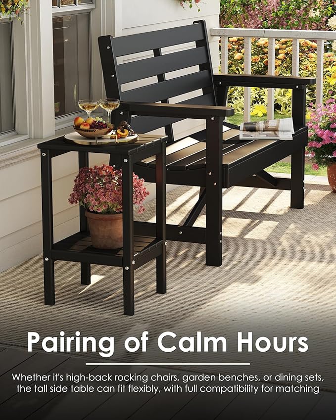 GREENVINES Tall-Outdoor-Side-Table Set of 2 | 23.5" | HDPE Plastic | Patio Adirondack End Tables | All Weather | 2-Tier | Black | for Porch Garden Indoor & Rocking Chairs