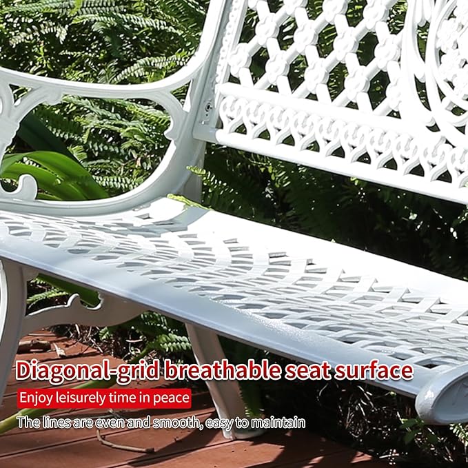 51" Outdoor Bench Garden Bench Cast Aluminum Bench with Floral Back Metal Front Porch Benches for Yard Patio Entryway Park (Pitted White)