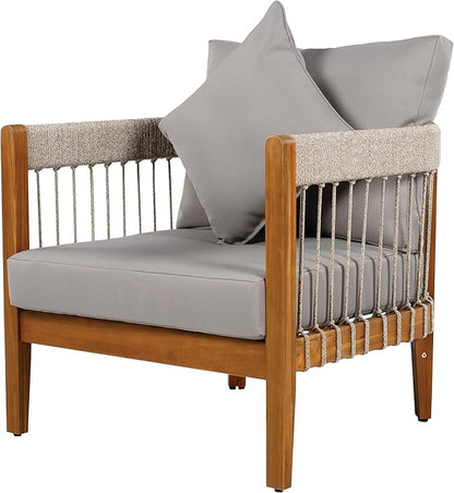 Christopher Knight Home Vinny Acacia Wood Patio Accent Chair, Wooden Lounge Chair Outdoor, Garden/Poolside Comfy Reading Chair with Handwoven Rope Accents and Removable Cushions, Natural+Grey