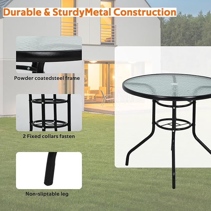 MKDLUFEI 32 Inch Round Outdoor Dining Table, Patio Table with Umbrella Hole, Tempered Glass Top, Black Steel Frame - Photo 4
