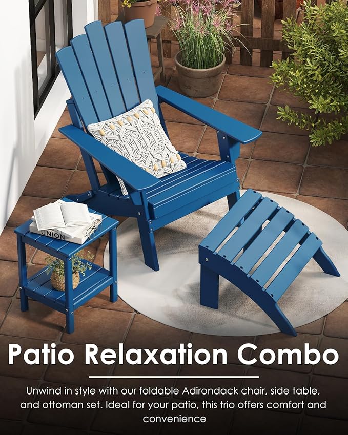 GREENVINES Folding-Adirondack-Chairs-Set-of-4 | HDPE Plastic | Throne Series | Fire Pit Chair | All Weather | for Outdoor Patio Deck Backyard Poolside | Blue