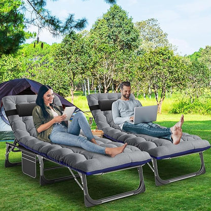 LILYPELLE Folding Outside Chaise Lounge Chair with Mattress, 5 Position Adjustable Patio Folding Lounge Chair Reclining Chairs Perfect for Outside, Sunbathing, Camping, Pool, Beach, Patio, Light Gray