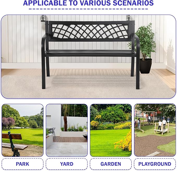 Garden Bench Anti-Rust Metal Patio Park Benches Waterproof Outdoor Cast-Iron Bench with Mesh Pattern Plastic Backrest Armrests,Black