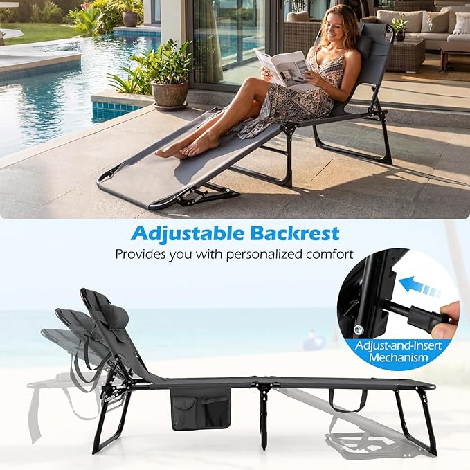 GYMAX Tanning Chair with Face Hole, Sun Bathing Lounge Chairs for Outside with Side Pocket, Folding Portable Face Down Layout Tanning Chair Beach, Backyard, Poolside, Lawn (Grey,2)