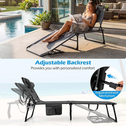 GYMAX Tanning Chair with Face Hole, Sun Bathing Lounge Chairs for Outside with Side Pocket, Folding Portable Face Down Layout Tanning Chair Beach, Backyard, Poolside, Lawn (Grey,2)