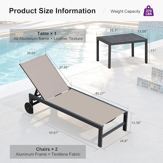 PURPLE LEAF Chaise Lounge Chair with Wheels for Outside 4 Pieces Aluminum Outdoor Lounge Chairs with 5 Adjustable - Photo 9