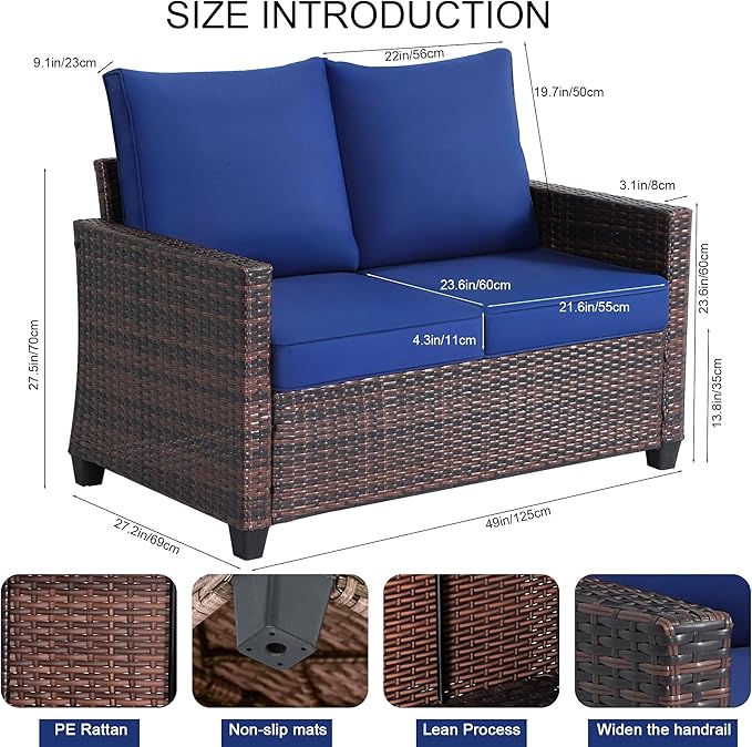 Outdoor Loveseat, All-Weather Patio Deep Seat 2-Seater Rattan Sofa with Water Resistant Cushions for Balcony, Backyard - Photo 3