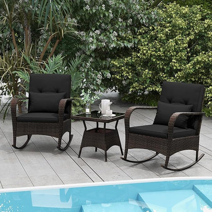 ORALNER 3 Pieces Patio Furniture Set, Outdoor Wicker Rocking Chairs with Cushions, Pillows, Glass Coffee Table, Rattan Bistro Rocker Set for Balcony Front Porch Poolside Garden Deck Yard (Black)