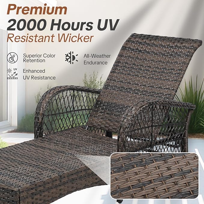 HOMEDIARY Outdoor Wicker Lounge Chair Set, 6-Position Adjustable Patio Chaise Lounge w/Side Table, All Weather Lay Flat Pool Sunbathing Recliner, Armrest & Head Pillow, Fade-Resistant, Beige