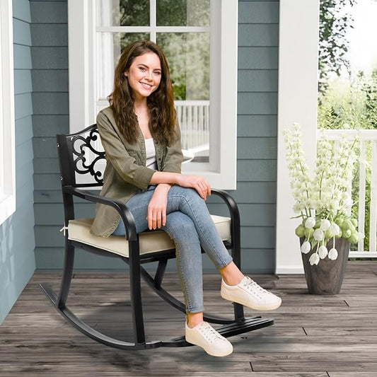 VINGLI Metal Rocking Chair, Outdoor Rocking Bench with Cushion, Patio Rocker with Footrest, Weatherproof Rocking Chair for Outside, Patio, Garden, Flower Backrest