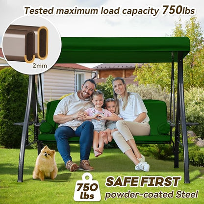 3 in 1 Outdoor Porch Swing with Adjustable Canopy, 3 Seat Outdoor Swing for Adults, Patio Swing Chair with Thickened Cushions,Pillows & Cup Holders for Backyard, Porch, Garden (Green)