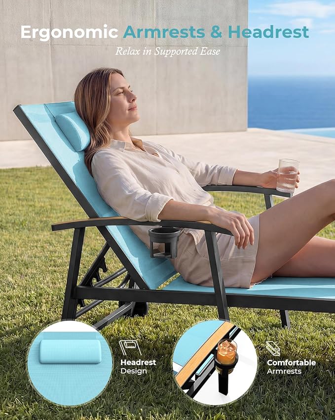 Ciokea Outdoor Lounge Chair with Pillow, 5-Position Aluminum Chaise Lounge with Wheels & Armrests - Photo 3