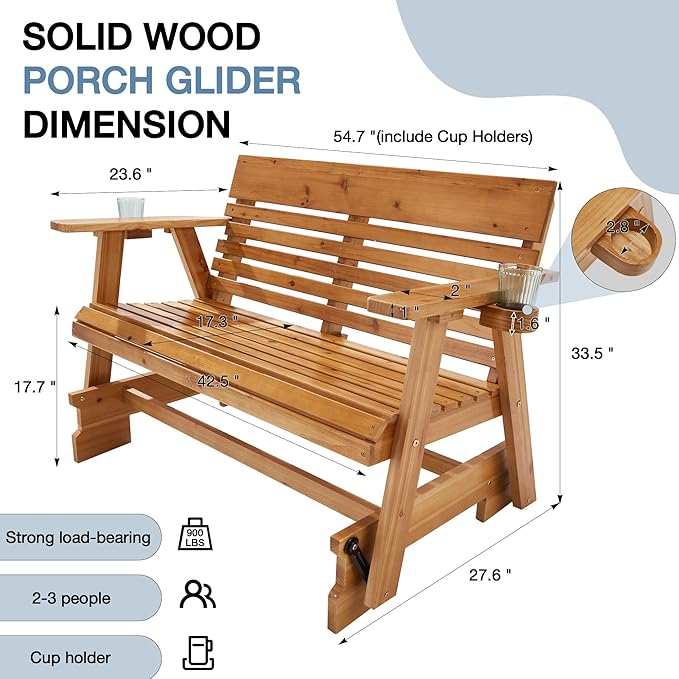 HOMREST Wooden Patio Glider Bench with Cup Holders, Heavy Duty 900LBS Outdoor Loveseat Glider with Ergonomic Deep Contoured Seat and High Roll Back for Garden Porch Balcony (4Ft 2-Seater, Brown)