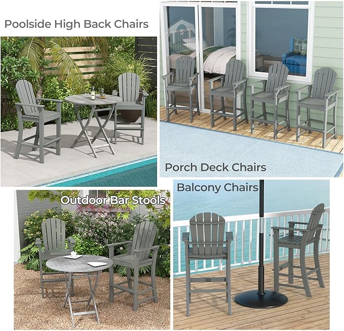 ORALNER Tall Adirondack Chairs, Set of 2 Outdoor High Back Balcony Chair, Weather Resistant HDPE Resin Plastic Bar Height Stools, 360 LBS Lifeguard Chair for Pool Patio Deck Backyard (2, Grey)