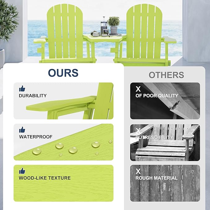 Vongrasig Adirondack Chairs Set of 2 with Removable Tabletop, All-Weather HDPE Outdoor Chair Set with Wooden Textured, Cup Holder for Patio, Poolside, Deck, Garden, Green