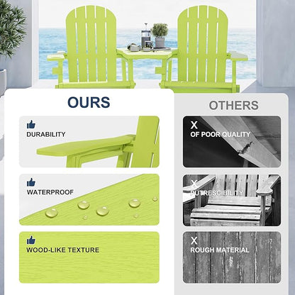 Vongrasig Adirondack Chairs Set of 2 with Removable Tabletop, All-Weather HDPE Outdoor Chair Set with Wooden Textured, Cup Holder for Patio, Poolside, Deck, Garden, Green