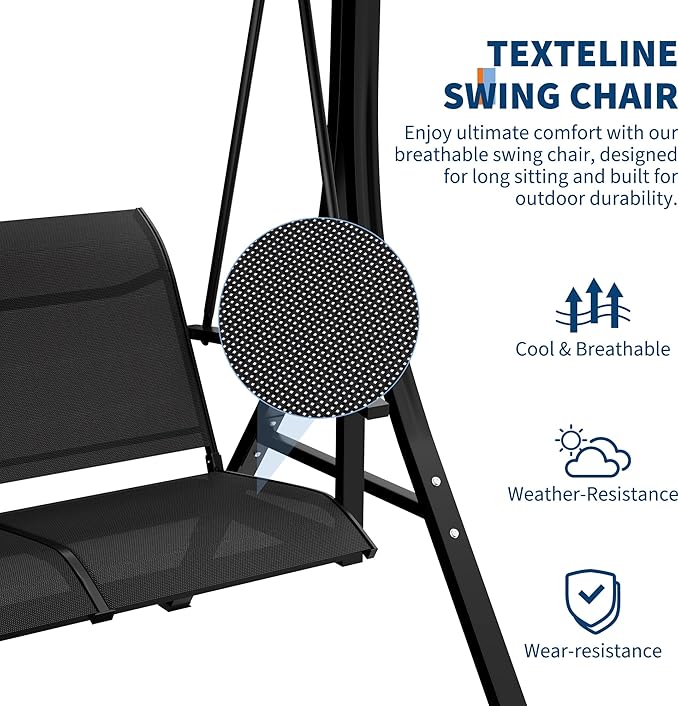 GAOMON 3-Seat Patio Swing Chair with Adjustable Canopy & Armrests, Breathable Textilene Fabric Seat & Backrest, Outdoor Porch Hanging Swing Bench for Garden, Poolside, Backyard – Black