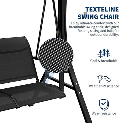 GAOMON 3-Seat Patio Swing Chair with Adjustable Canopy & Armrests, Breathable Textilene Fabric Seat & Backrest, Outdoor Porch Hanging Swing Bench for Garden, Poolside, Backyard – Black