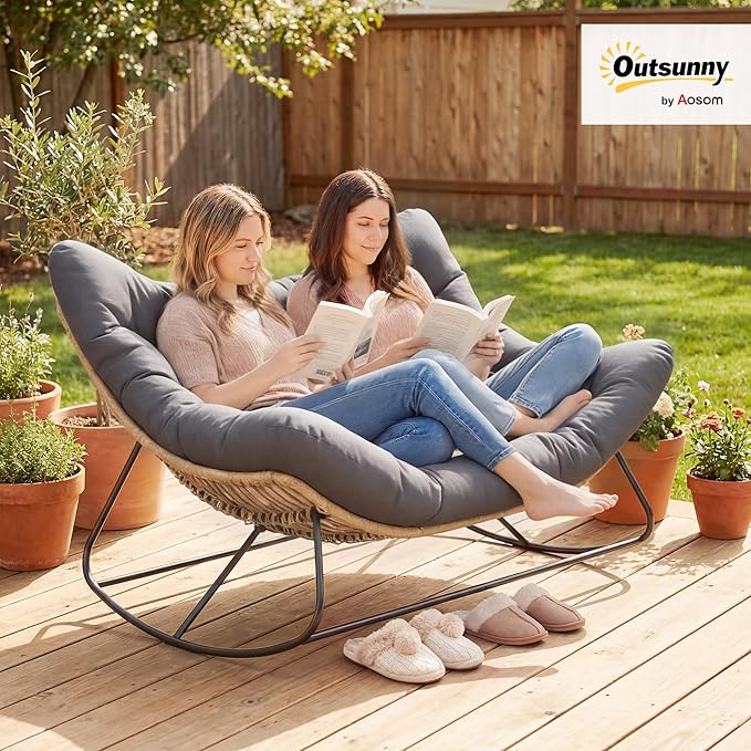 Outsunny Double Papasan Rocking Chair, Wicker Oversized Indoor Outdoor Rocking Chair with Cushion, PE Rattan Padded Outdoor Rocker Egg Chairs for Living Room, Garden, Patio, Balcony, Gray