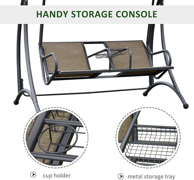 Outsunny 2-Seat Patio Swing Chair, Outdoor Porch Swing Glider with Adjustable Canopy, Cup Holders and Storage Tray - Photo 4