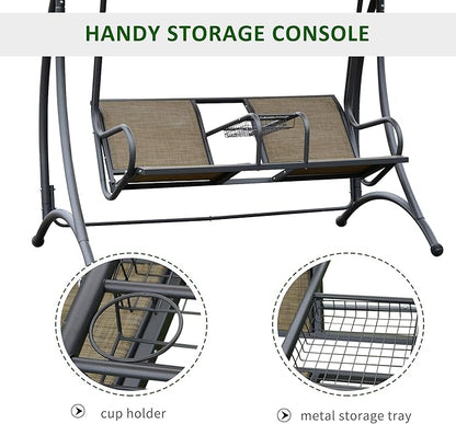 Outsunny 2-Seat Patio Swing Chair, Outdoor Porch Swing Glider with Adjustable Canopy, Cup Holders and Storage Tray, for Garden, Poolside, Backyard