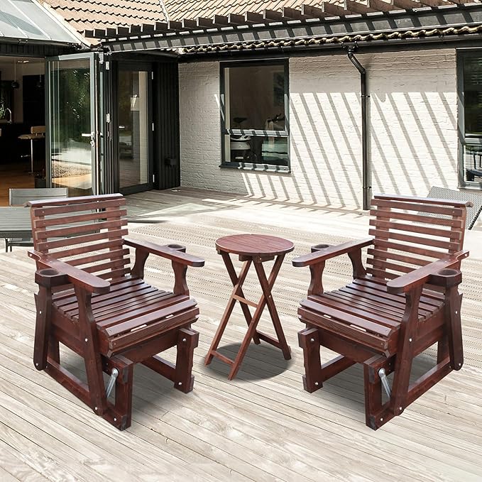 Outdoor Glider Chair,2-Seater Wooden Glider Patio Furniture Set with Table, Cupholder, High Back and Deep Contoured Seater, for Porch, Patio and Balcony, Dark Brown