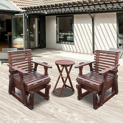 Outdoor Glider Chair,2-Seater Wooden Glider Patio Furniture Set with Table, Cupholder, High Back and Deep Contoured Seater, for Porch, Patio and Balcony, Dark Brown