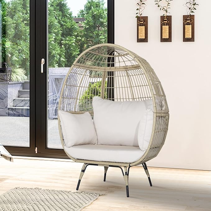 Tangkula PE Wicker Egg Chair, Patiojoy Oversized Indoor Outdoor Patio Lounge Chair with Cushions and Pillows, Steel Frame Basket Chair for Garden, Deck, Balcony, Living Room (Light Brown)