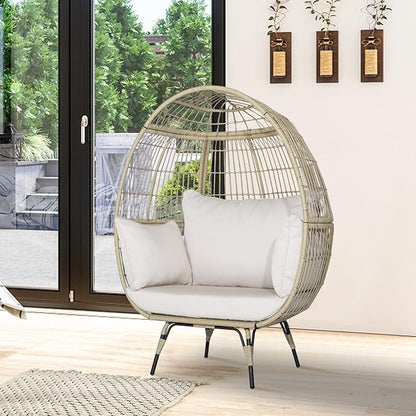 Tangkula PE Wicker Egg Chair, Patiojoy Oversized Indoor Outdoor Patio Lounge Chair with Cushions and Pillows, Steel Frame Basket Chair for Garden, Deck, Balcony, Living Room (Light Brown)