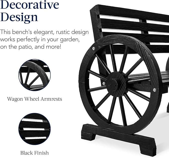 Best Choice Products 2-Person Wooden Wagon Wheel Bench for Backyard, Patio, Porch, Garden, Outdoor Lounge Furniture w/Rustic Country Design, Slatted Seat and Backrest - Black