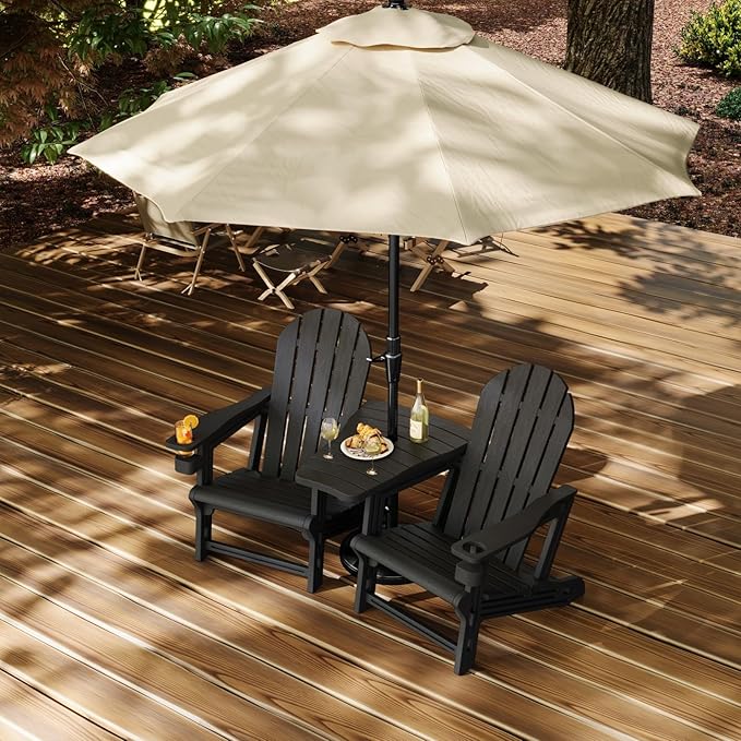 Adirondack Chair Set of 2, All Weather HDPE Adirondack Chair with Double Connecting Trays, Plastic Adirondack Chairs for Balcony, Deck, Patio, Backyard, Garden, Black